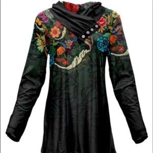 Dark Green Tunic with Multicolor Flowers